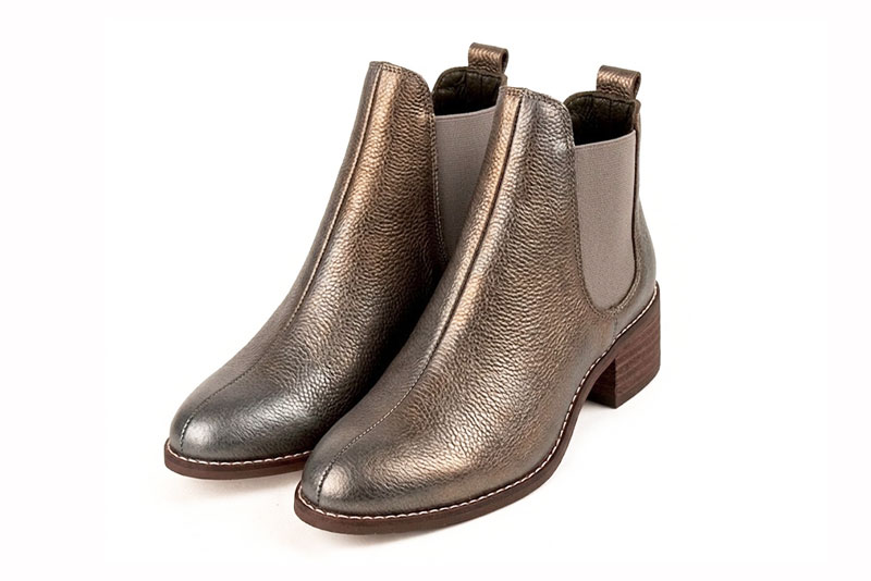 Women's antique gold and bronze solid-color chelsea boots with round toe and leather sole - Front view